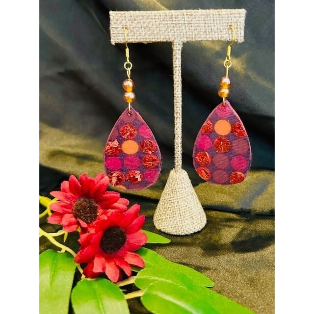Handmade Purple Teardrop Dangle Earrings Red Orange Polka Dot Glitter Boho Drop